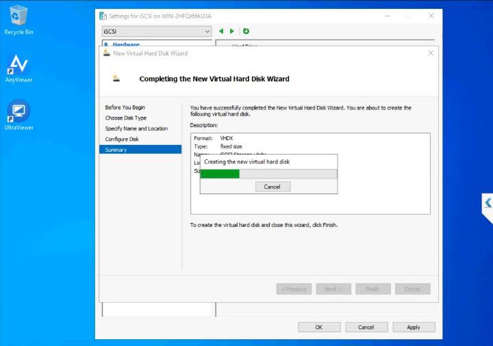 New Virtual Hard Disk creation in progress with the Fixed allocation taking time as the entire 500 GB is pre-allocated on disk