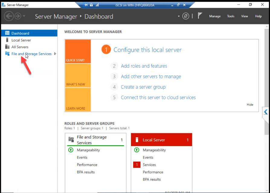 Server Manager on the iSCSI VM with File and Storage Services > Disks pane showing the new disk listed as Offline” /><figcaption>In the iSCSI VM: Server Manager > FSS > Disks. New Disk 1 appears as <strong>Offline</strong>.</figcaption></figure>
<p>In the iSCSI VM: Server Manager > <strong>File and Storage Services</strong> > <strong>Disks</strong> pane. The new Disk 1 appears as <strong>Offline</strong>.</p>
<figure class=