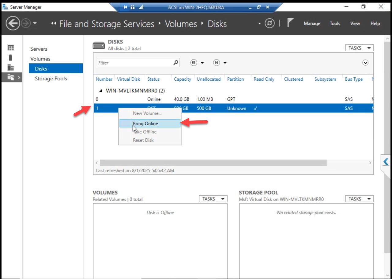 Right-click menu on Disk 1 with Bring Online highlighted