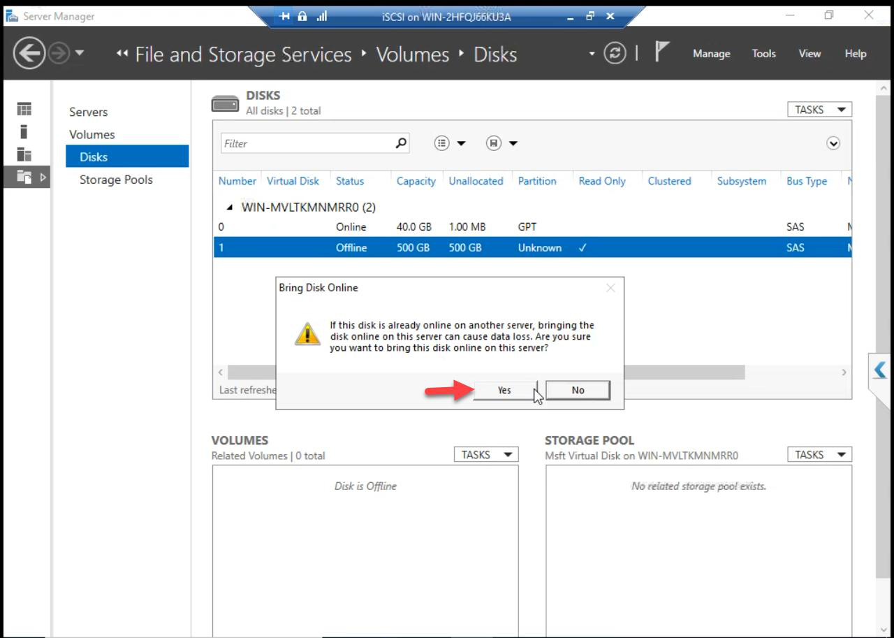 Confirmation dialog asking to confirm bringing the disk online