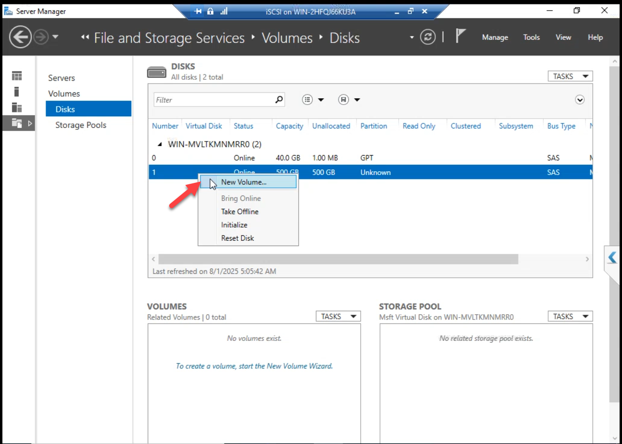 Right-click menu on Disk 1 with New Volume option selected to launch the New Volume Wizard