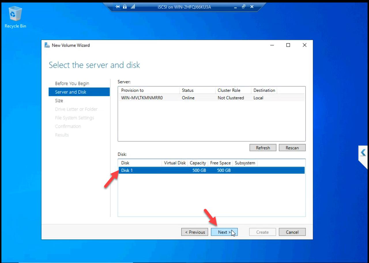 Server selection step ensuring Disk 1 is the target