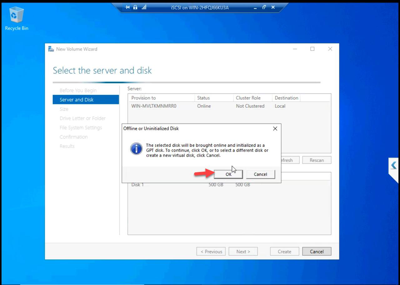 Disk selection step confirming the new 500 GB disk