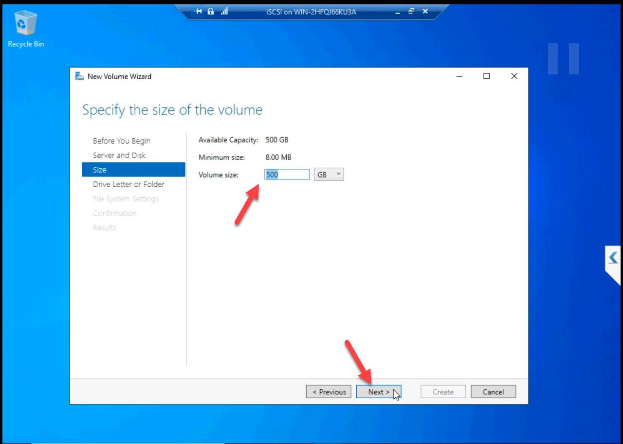 Volume size step accepting the default size which uses the entire 500 GB minus formatting overhead