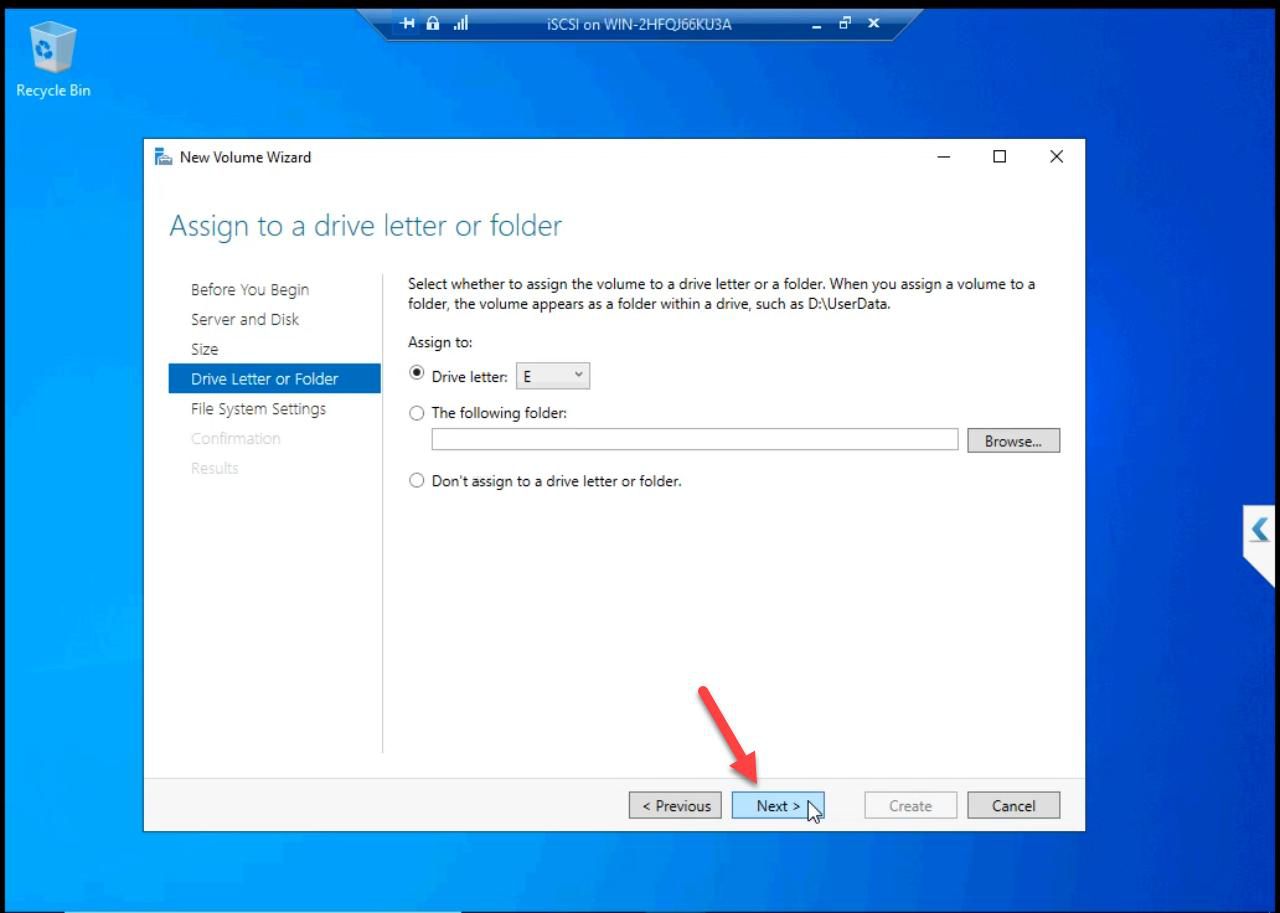 Drive letter assignment step with D: selected as the new volume letter