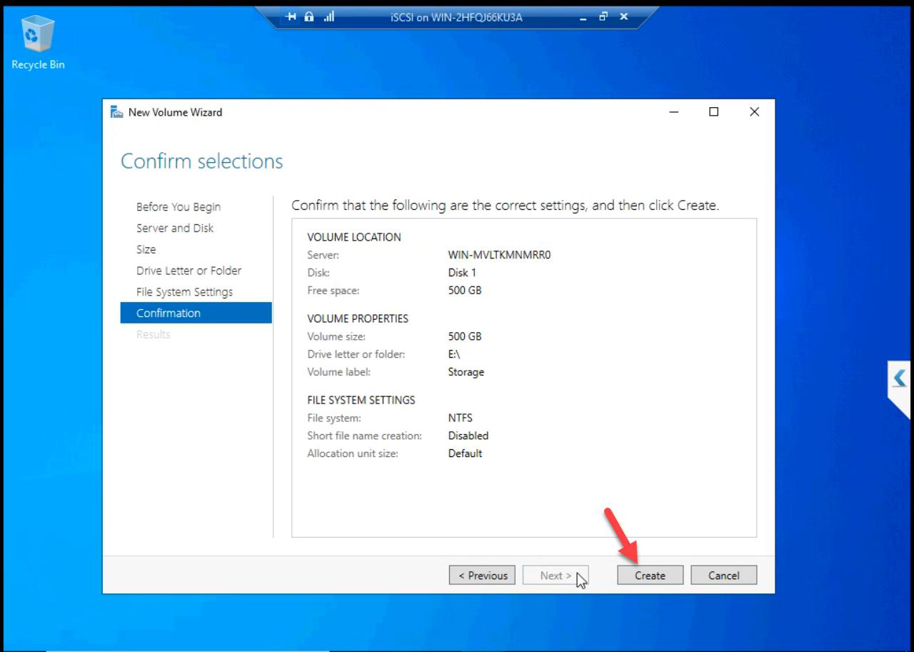 Confirmation step reviewing all volume settings before creation