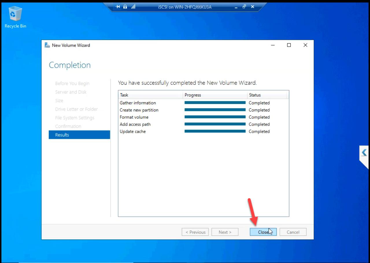 Volume creation completed dialog with all steps showing green ticks