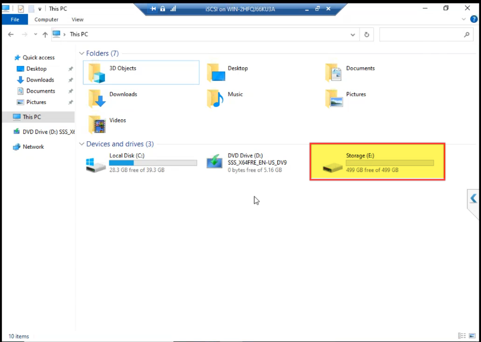 File Explorer on the iSCSI VM showing the new D: drive present with ~500 GB free, ready to host the iSCSI Target&rsquo;s LUNs in Part 7