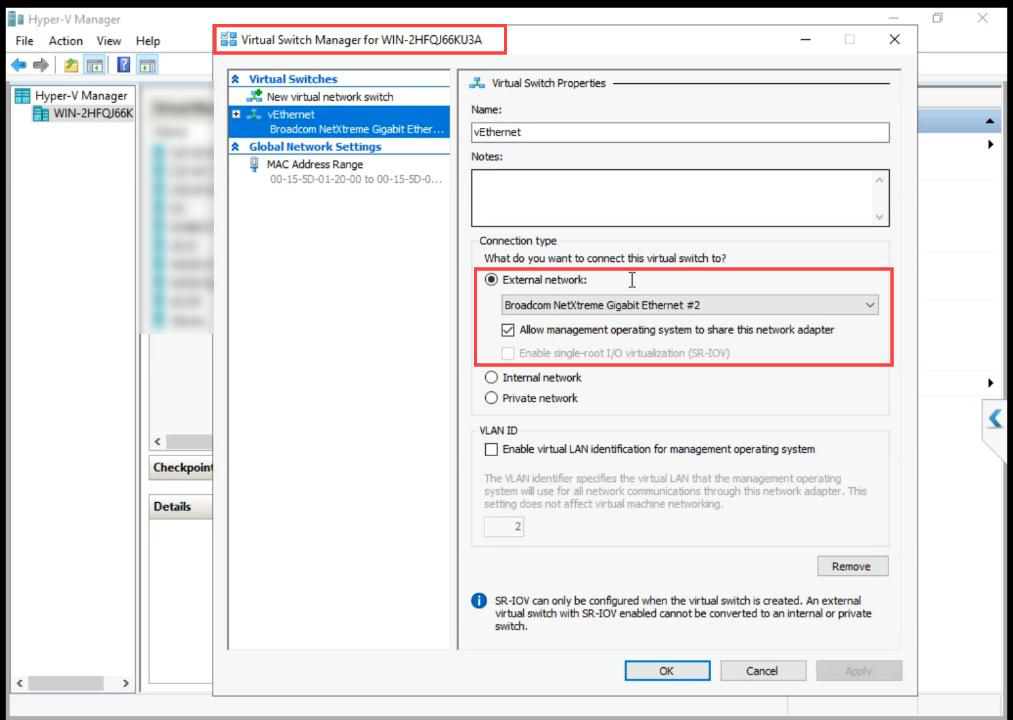 Hyper-V Virtual Switch Manager showing the existing External vSwitch with Allow management OS to share this network adapter ticked