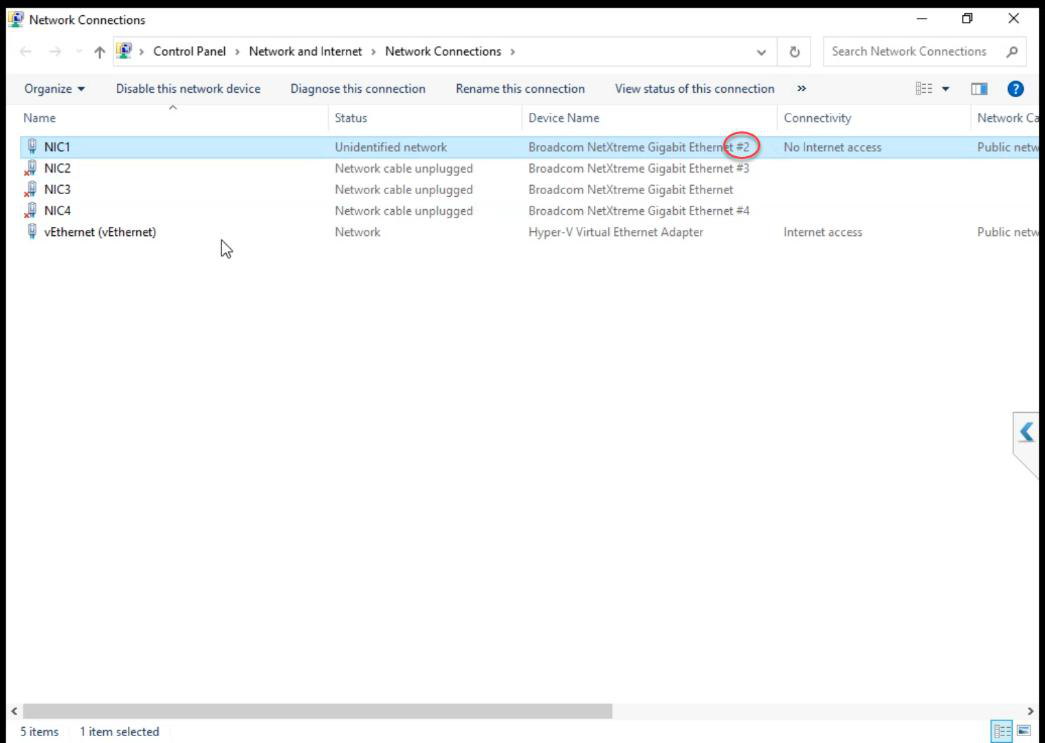 Network Connections on the Hyper-V host showing the physical NIC1 adapter that backs the External vSwitch