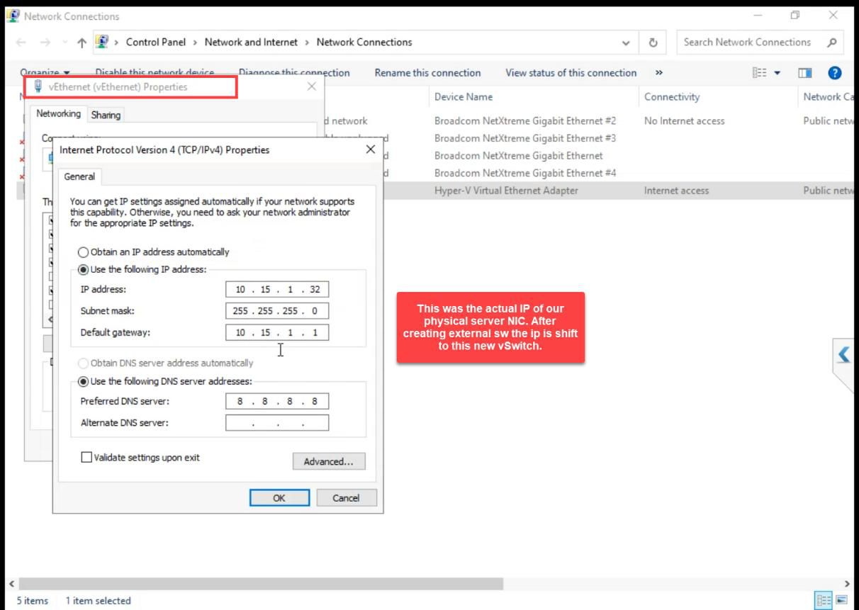 Network Connections after vSwitch creation showing vEthernet adapter has taken over the IP configuration that was on NIC1