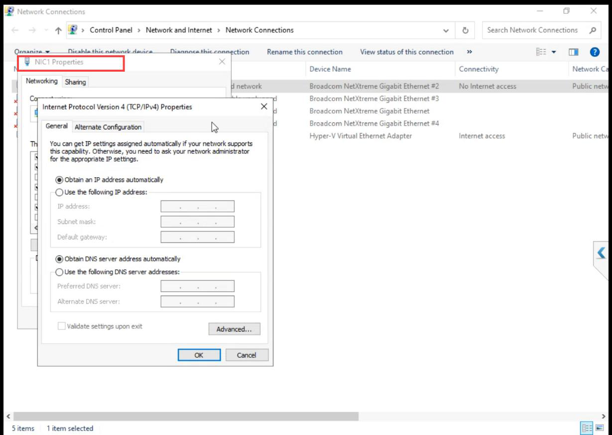 Adapter properties dialog showing the bound NIC field appears blank because Hyper-V owns it now