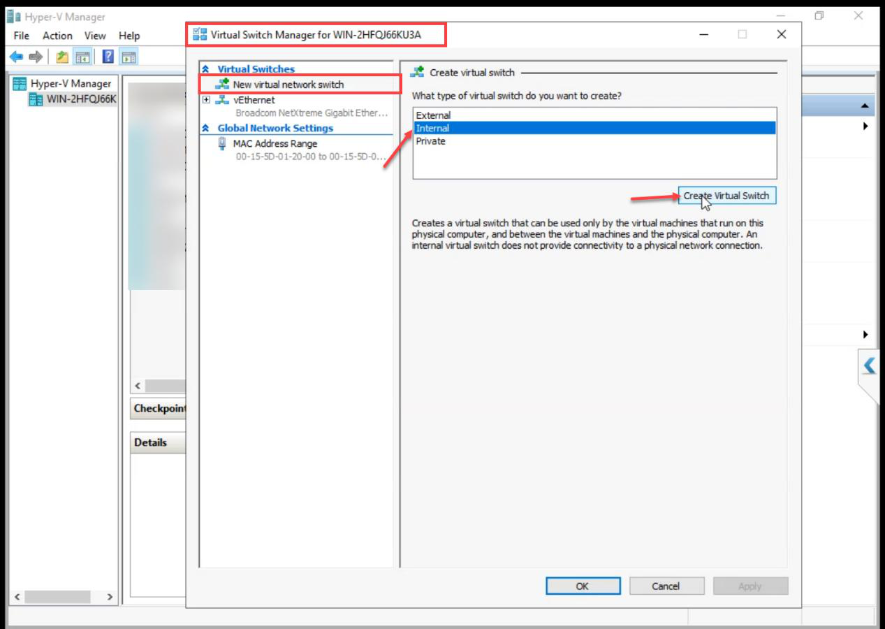 Virtual Switch Manager with Internal selected as the new vSwitch type to create the Storage switch