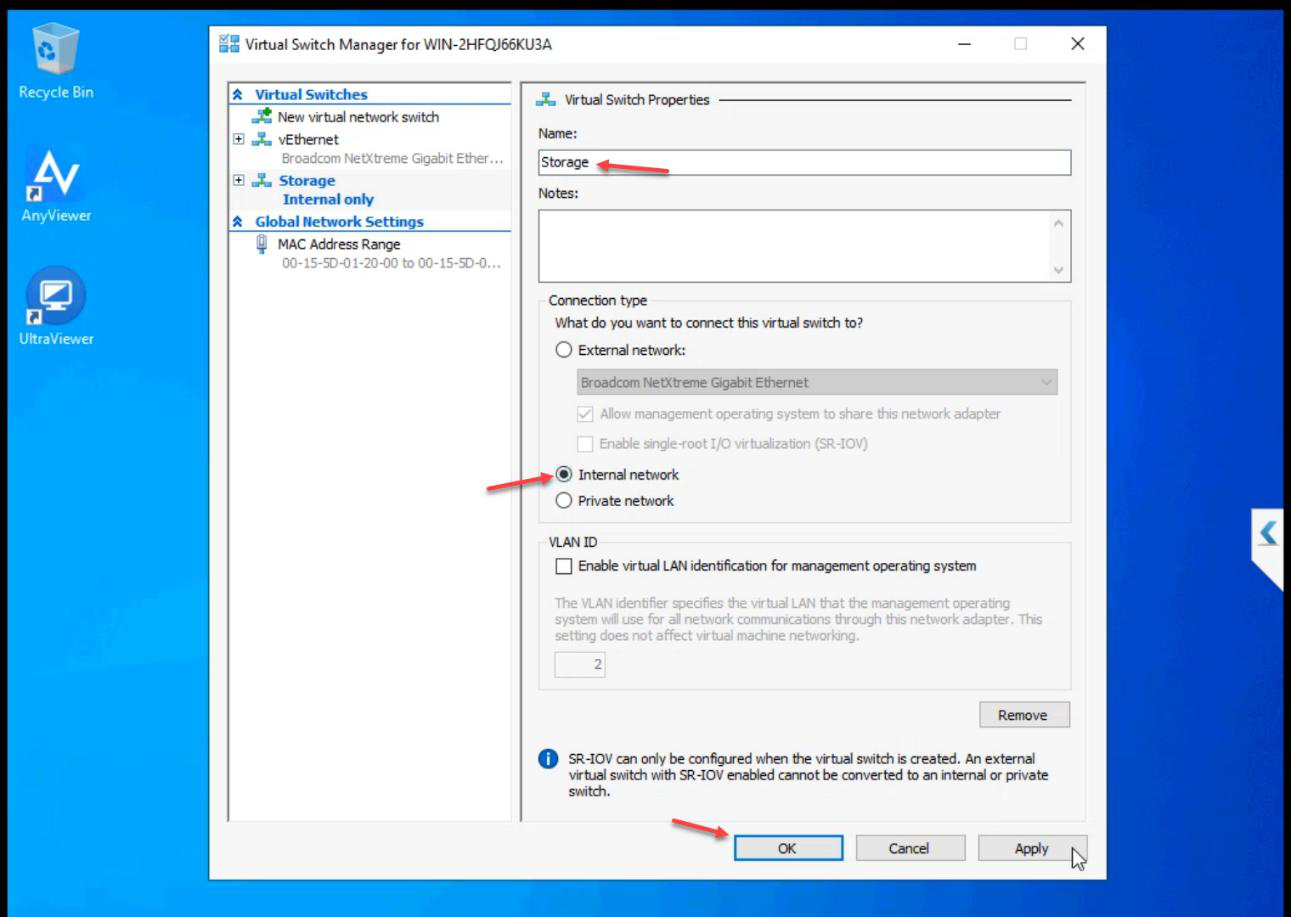 New vSwitch dialog with name Storage and Internal type selected, ready to click OK