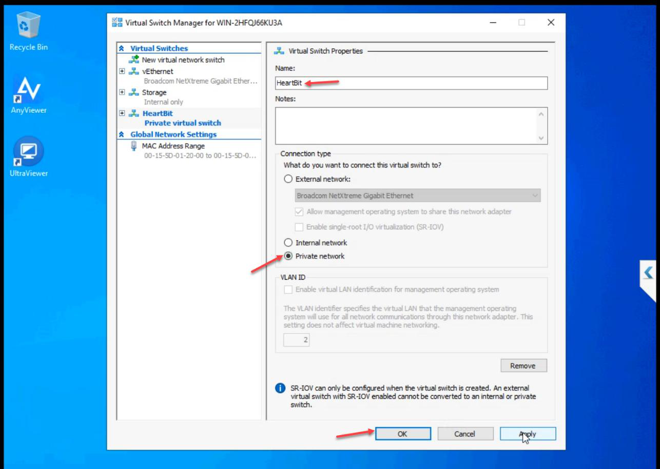 New Private vSwitch dialog with name Heartbeat and Private type selected