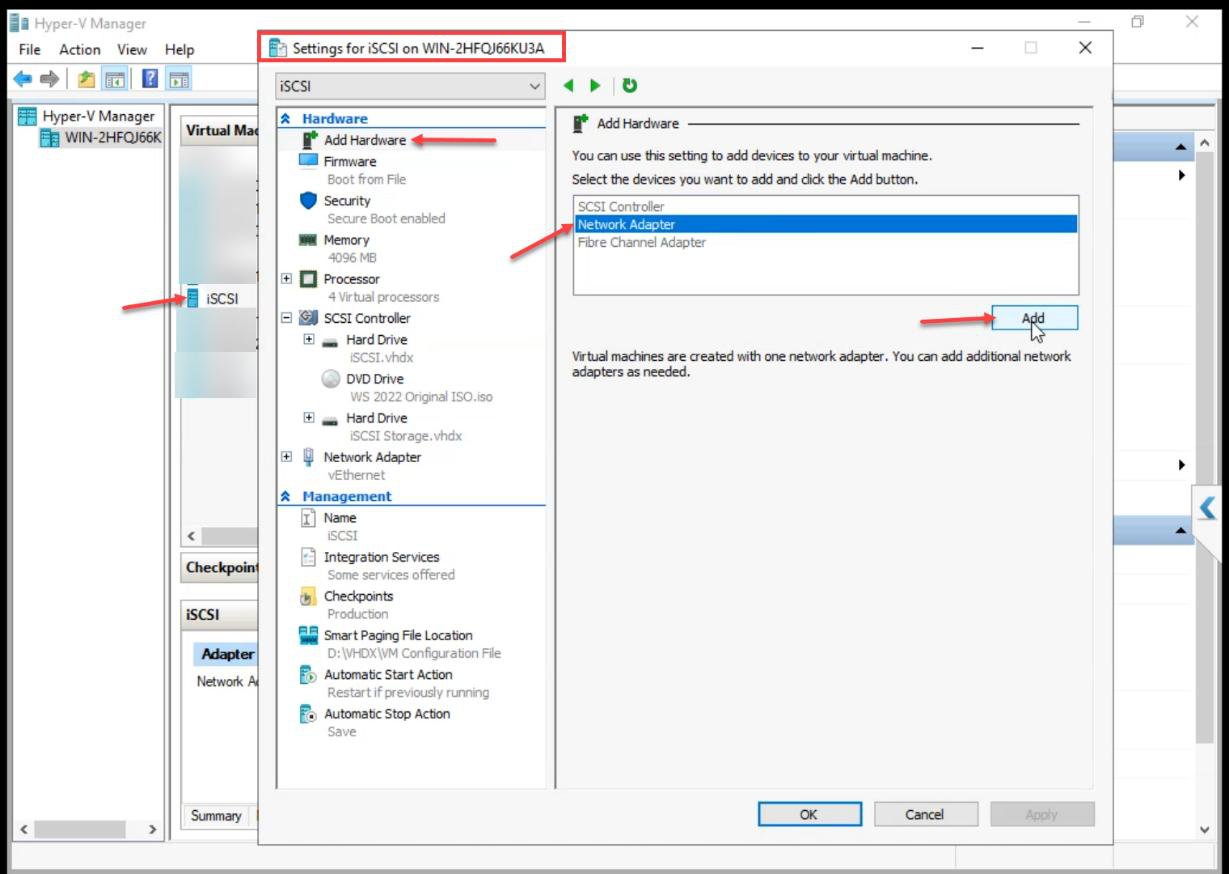 iSCSI VM Settings dialog with Add Hardware > Network Adapter being added to attach the Storage vSwitch” /><figcaption>iSCSI VM Settings > Add Hardware > Network Adapter > Add.</figcaption></figure>
<figure class=