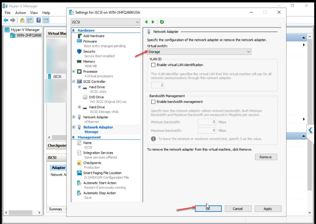 Network Adapter properties with the Storage vSwitch selected from the dropdown