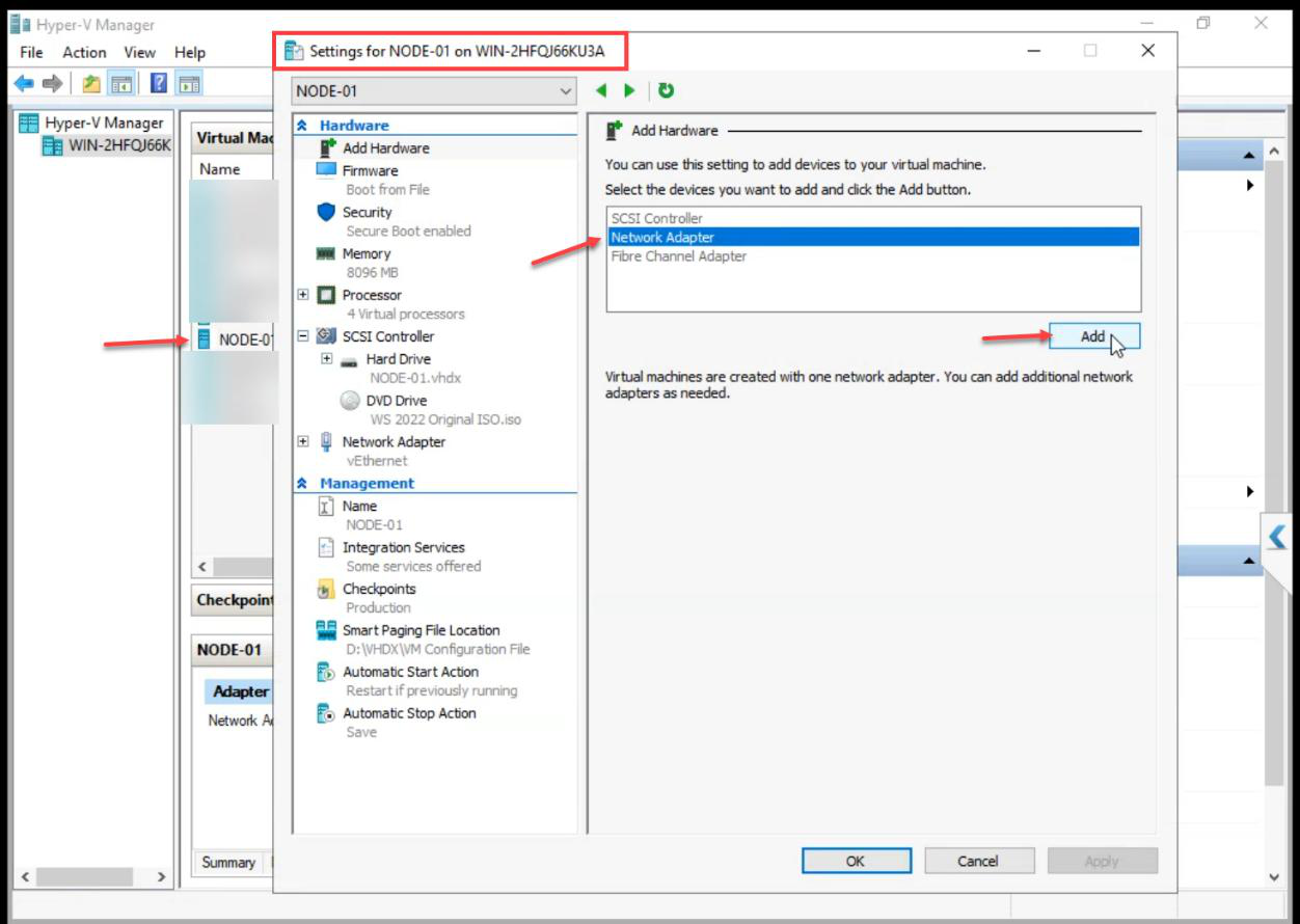 NODE-01 VM Settings dialog adding a Network Adapter to attach the Storage vSwitch
