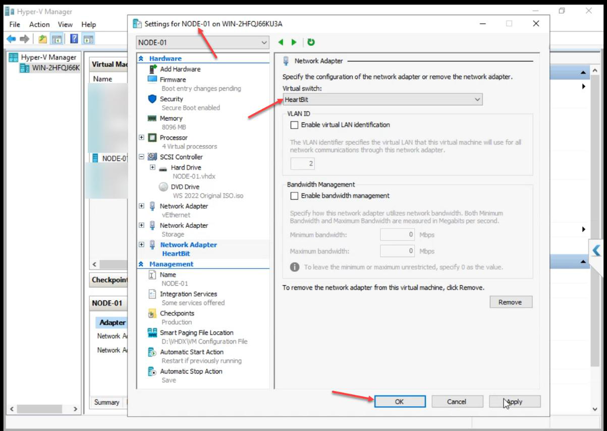 NODE-01 VM Settings adding a second new Network Adapter for the Heartbeat vSwitch