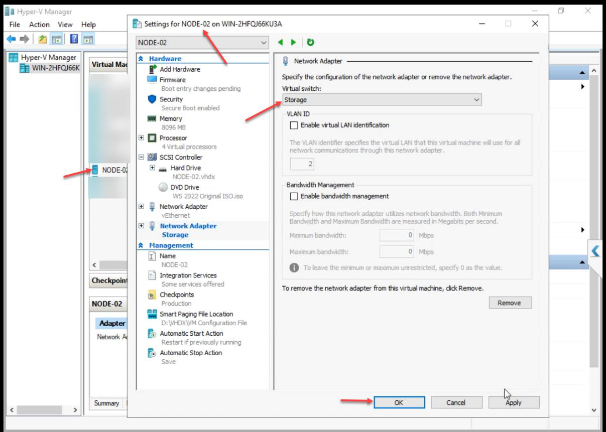 NODE-02 VM Settings adding a Network Adapter for the Storage vSwitch