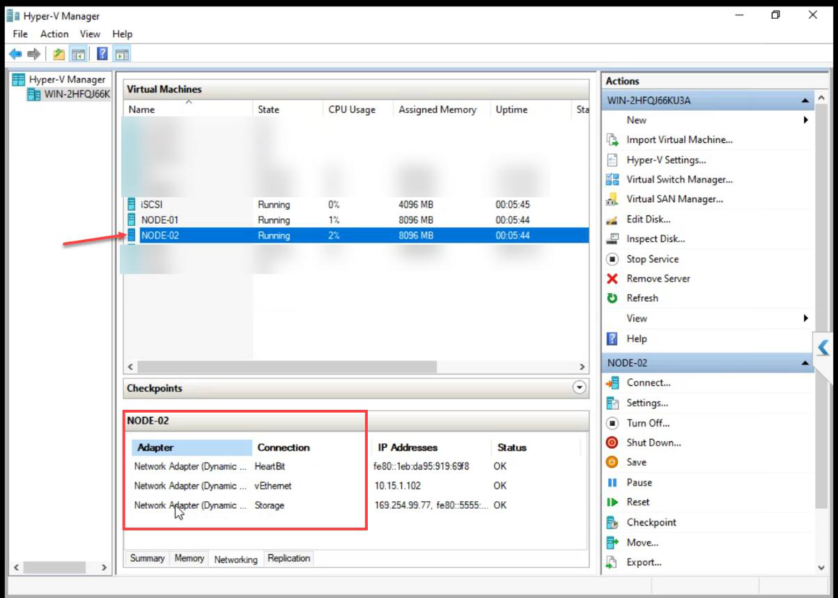 Hyper-V Manager showing NODE-01 and NODE-02 each now have three network adapters: External, Storage, Heartbeat