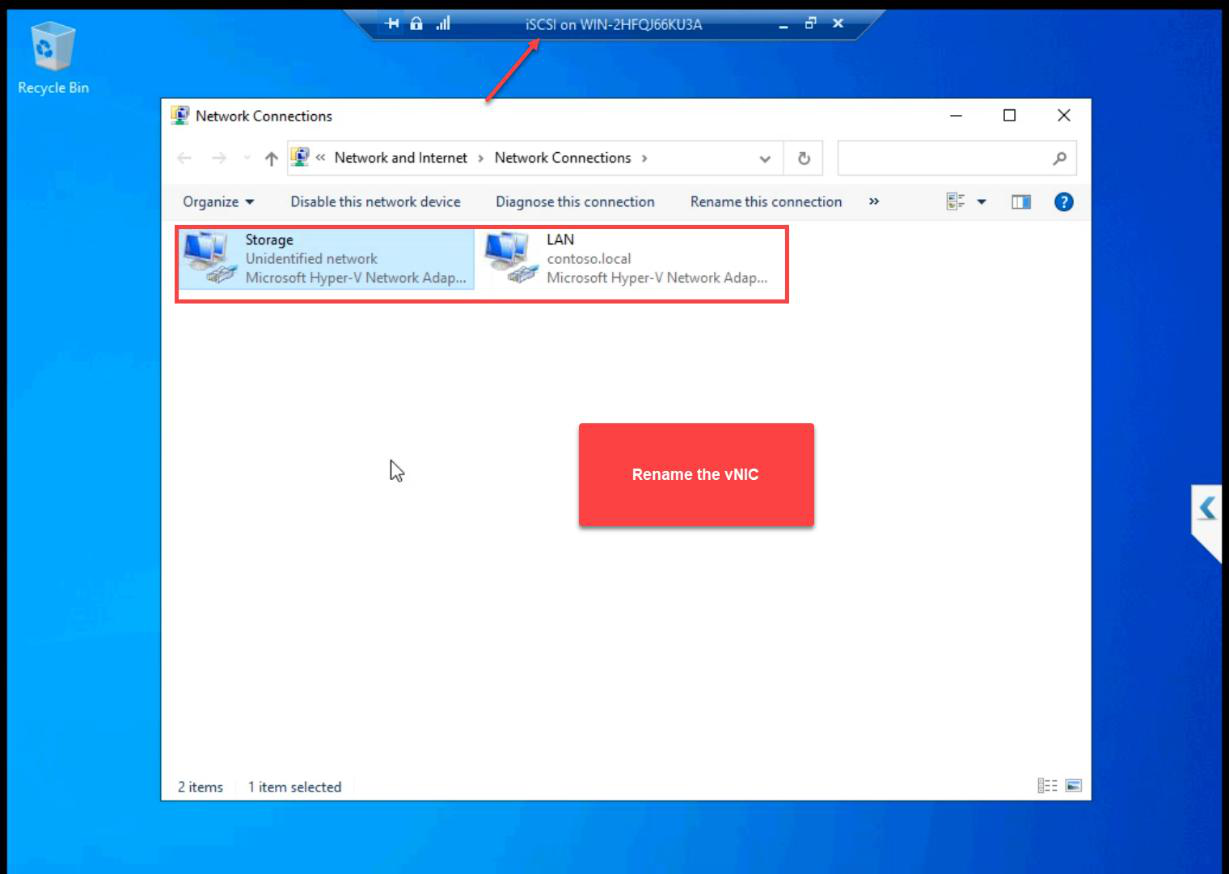 iSCSI VM Network Connections panel with the two NICs renamed to Public and Storage from the default Ethernet/Ethernet 2