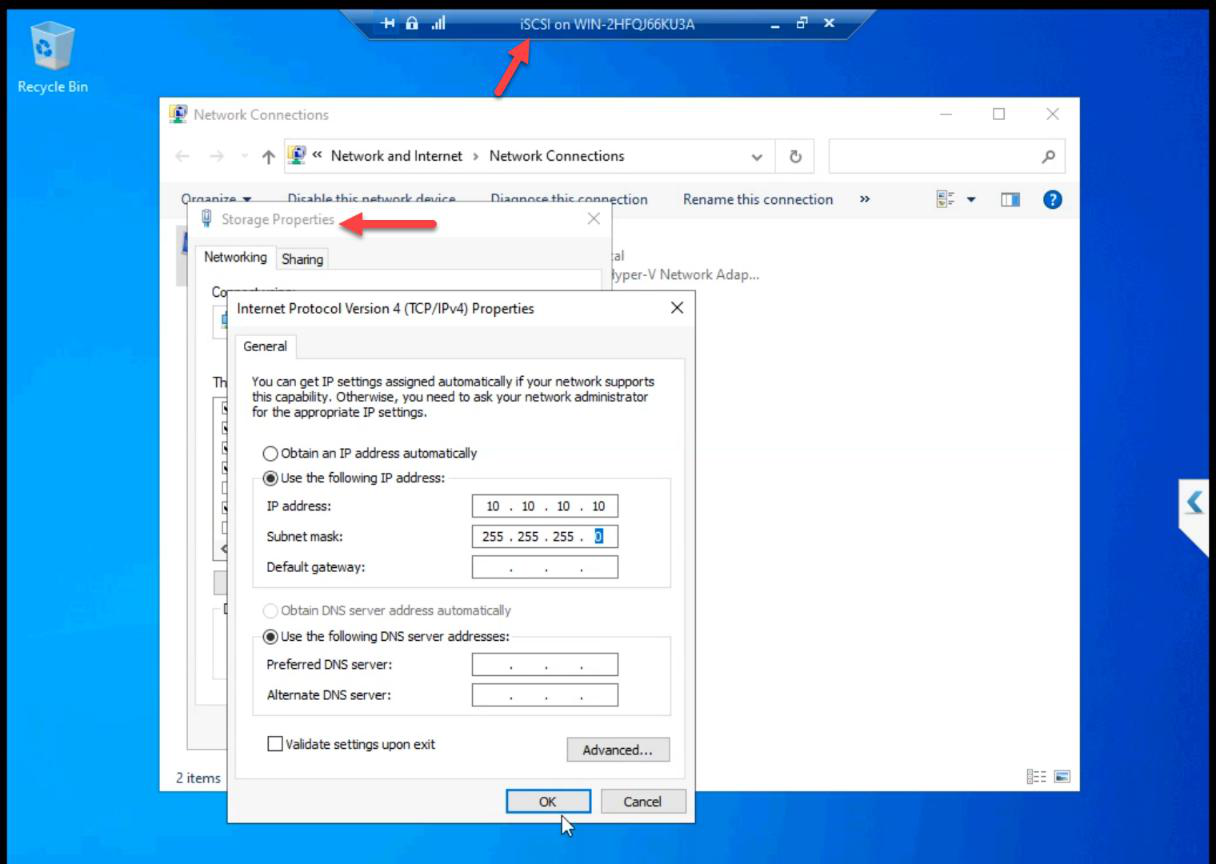 iSCSI VM Storage NIC properties showing IP 10.10.10.10 with subnet mask 255.255.255.0, no gateway, no DNS