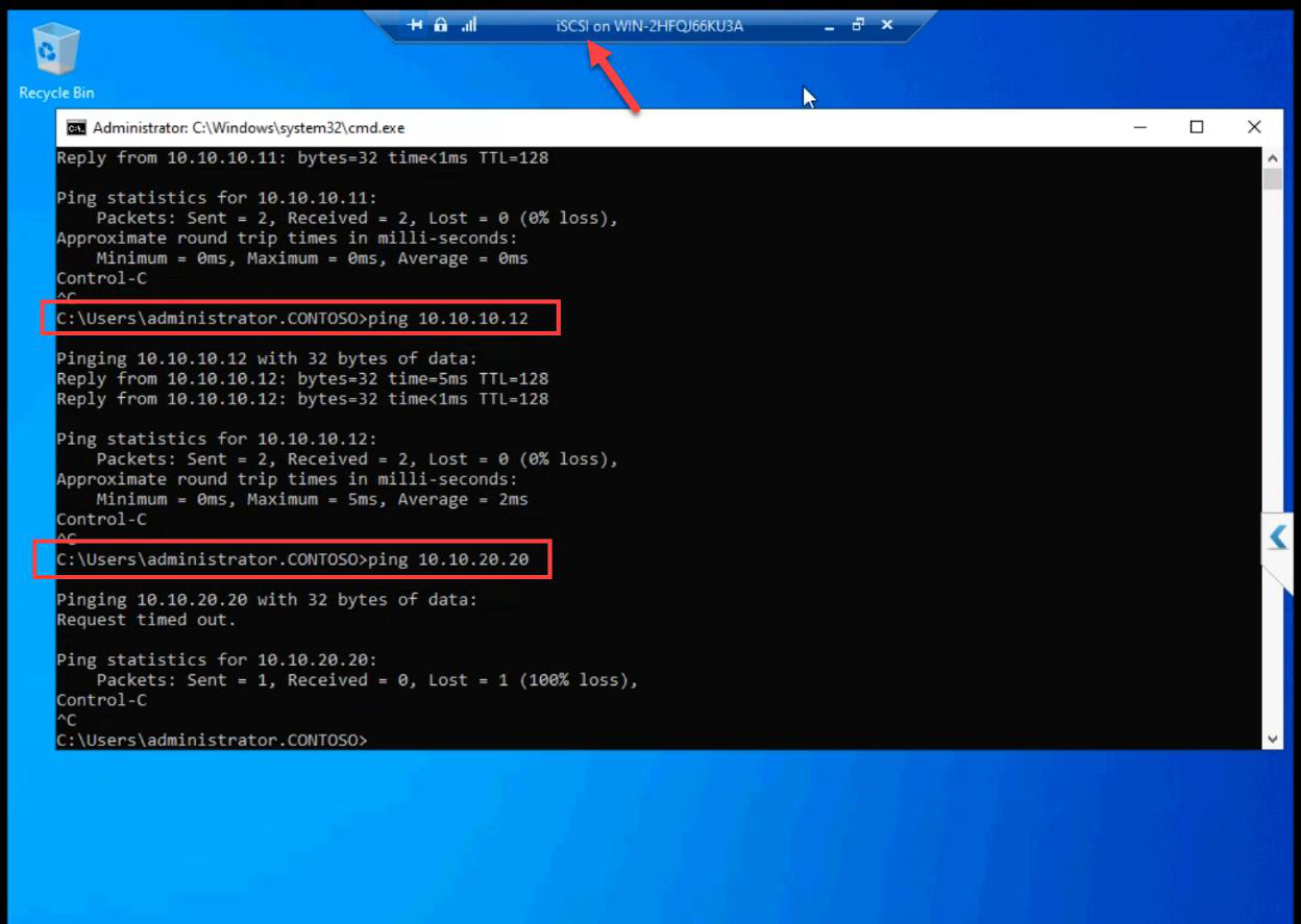 Command Prompt on iSCSI VM running additional verification pings to confirm storage subnet connectivity