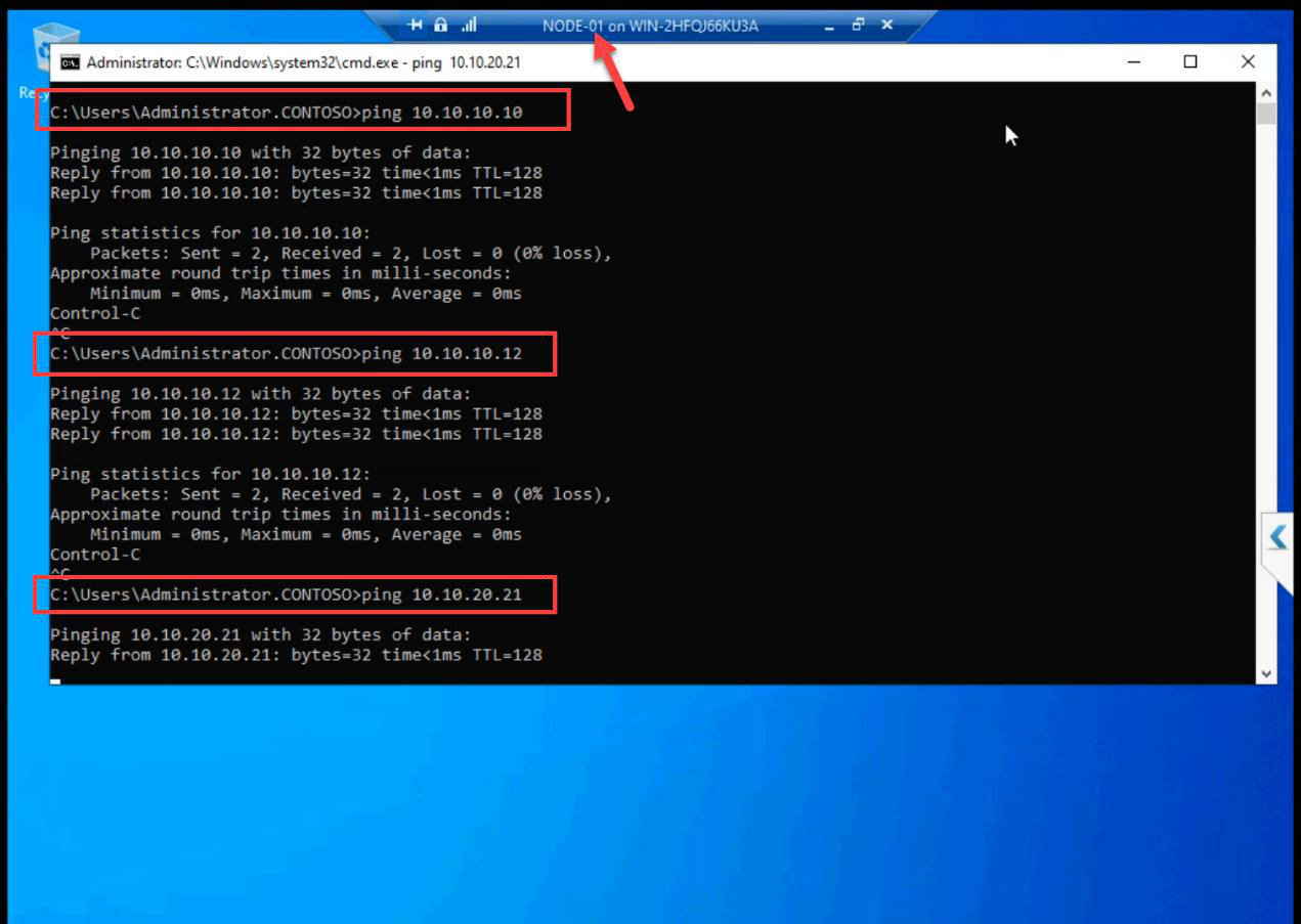 Command Prompt on NODE-01 pinging the SAN storage IP 10.10.10.10 and NODE-02 storage 10.10.10.12 with success