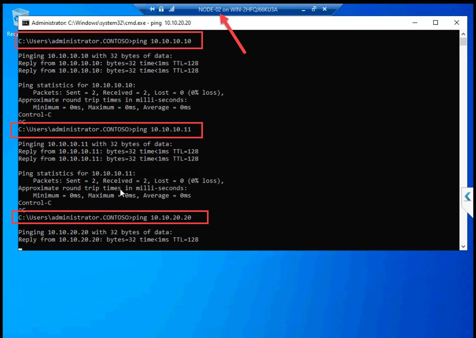 Command Prompt on NODE-02 pinging both SAN and NODE-01 on storage subnet, plus NODE-01 heartbeat with success