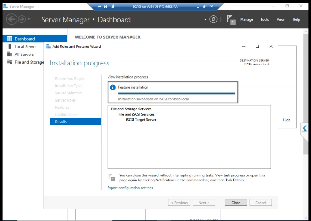 Installation completion dialog confirming the iSCSI Target Server role installed successfully with no reboot required