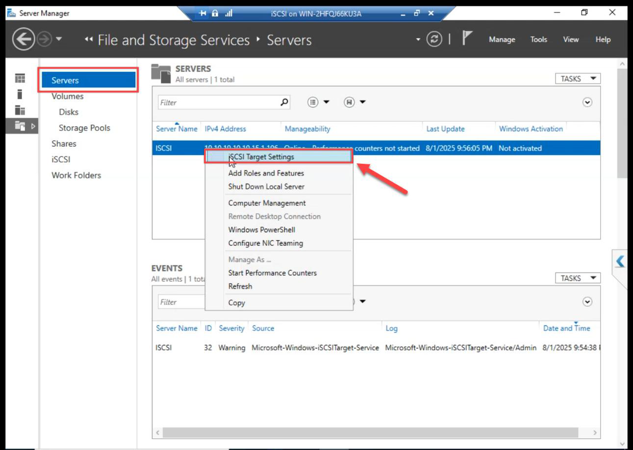 File and Storage Services Servers pane with right-click context menu on the iSCSI VM showing iSCSI Target Settings option