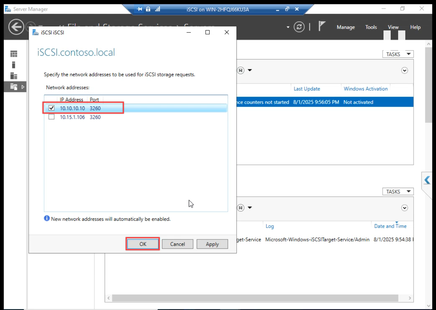 iSCSI Target Settings dialog with the Public network checkbox unticked and the Storage network checkbox ticked, ensuring iSCSI listens only on the storage subnet