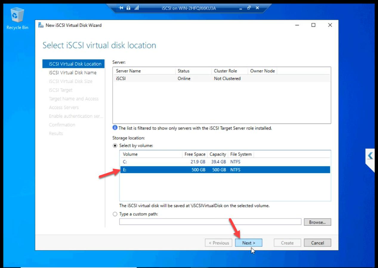 New iSCSI Virtual Disk Wizard Server and Volume step with the E: drive (the 500 GB volume) selected as location