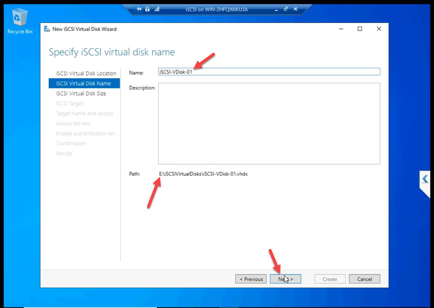 Wizard naming the Data LUN with a descriptive name like ClusterData