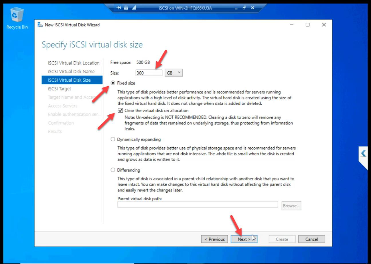 Wizard sizing the Data LUN at 300 GB Fixed Size for the cluster shared storage