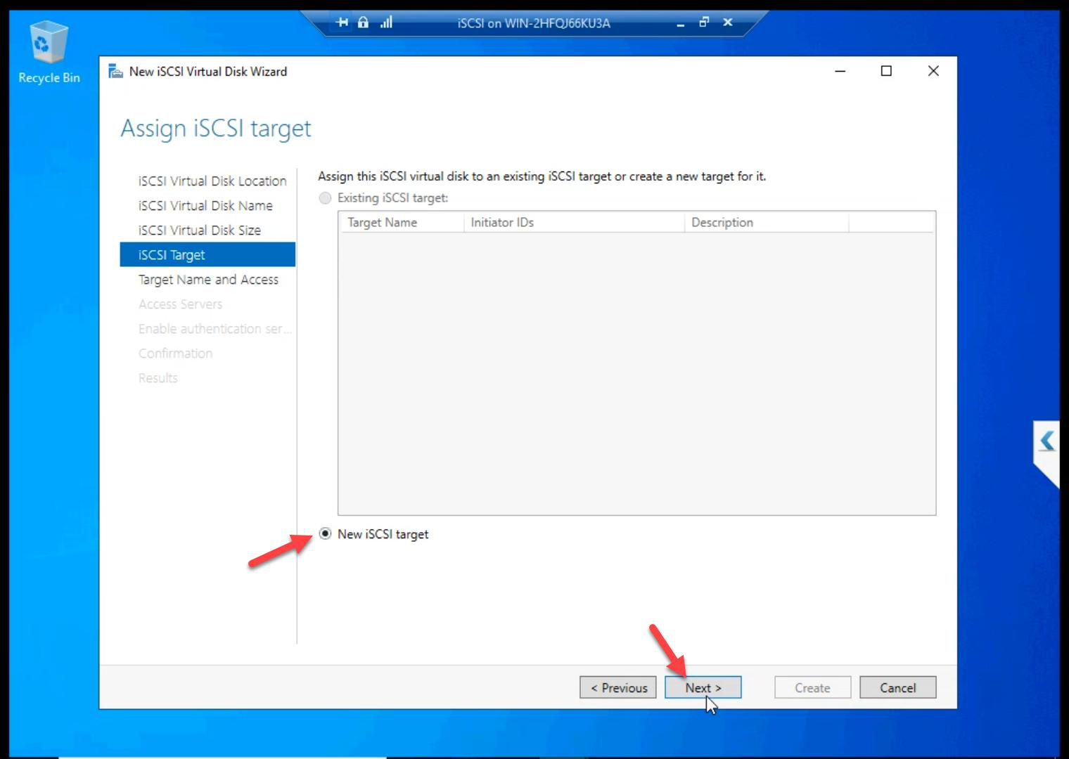 iSCSI Target step with New iSCSI target selected to create a new target group
