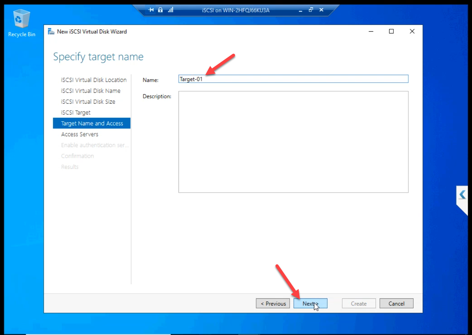 Naming the new iSCSI target Target-01