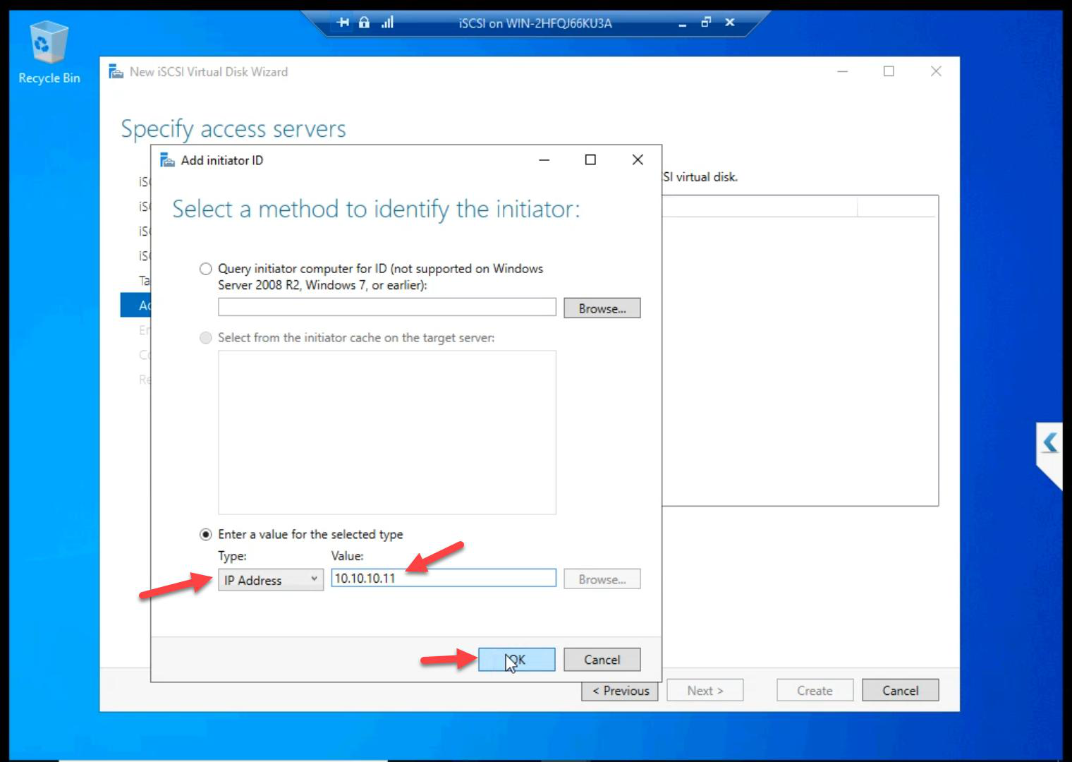 Add Initiator dialog with type IP Address selected and 10.10.10.11 entered for NODE-01 storage NIC