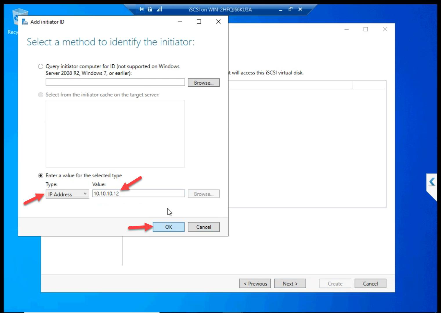 Add Initiator dialog with 10.10.10.12 entered for NODE-02 storage NIC