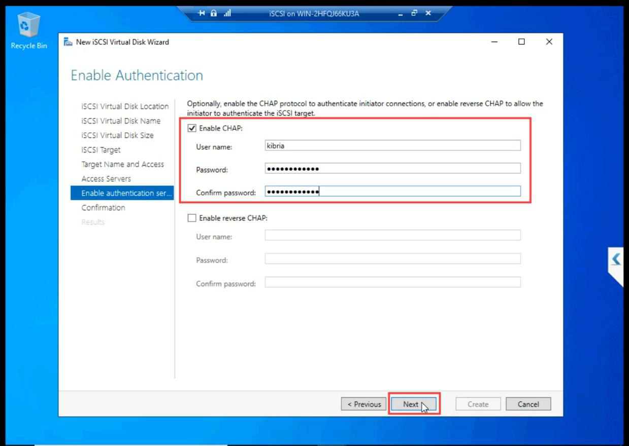 Authentication step with CHAP authentication enabled and a username and shared secret being entered