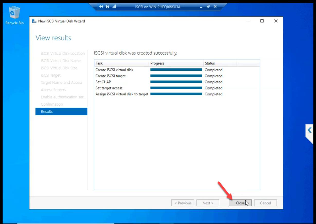 Results step showing the iSCSI virtual disk creation completed with green ticks