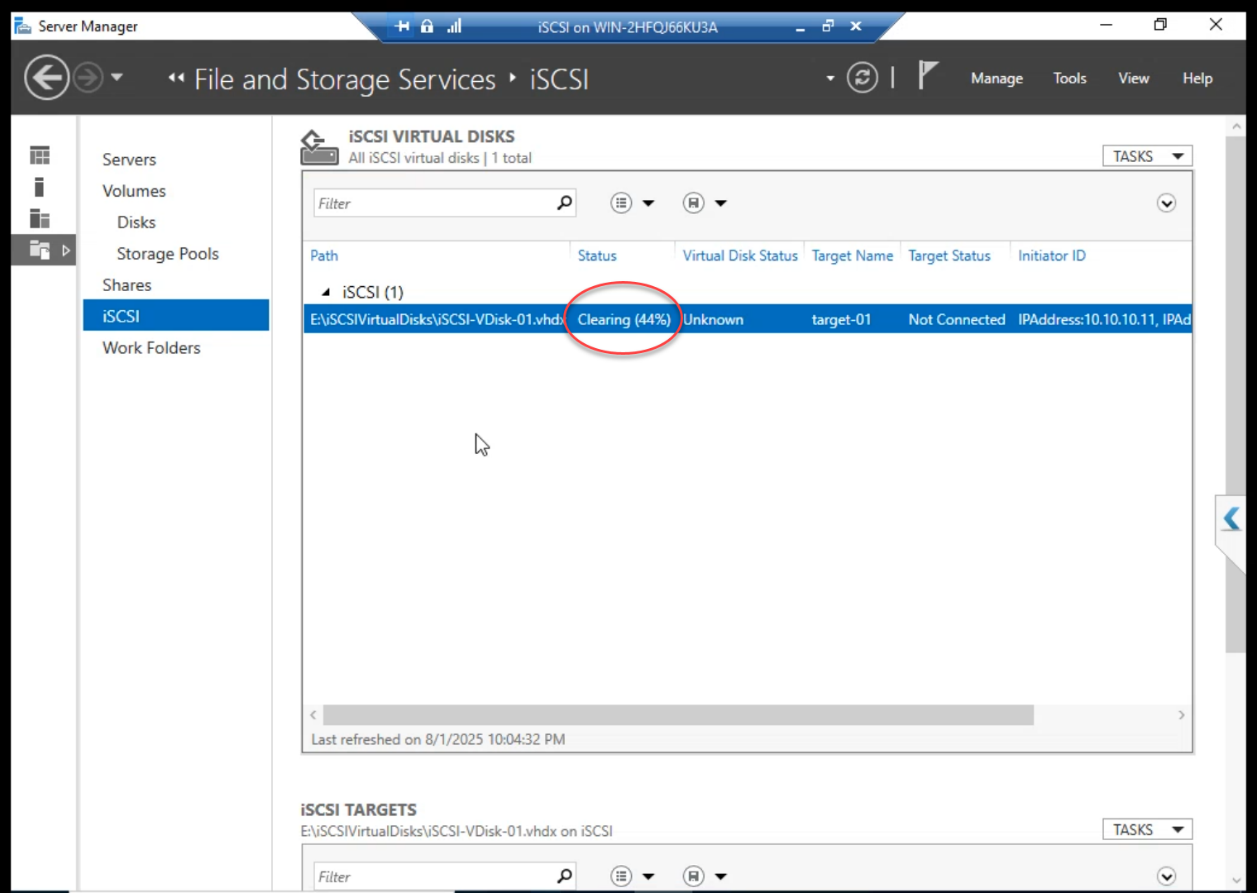 iSCSI Virtual Disks pane showing the new 300 GB Data LUN status as Cleaning while the file is being pre-allocated