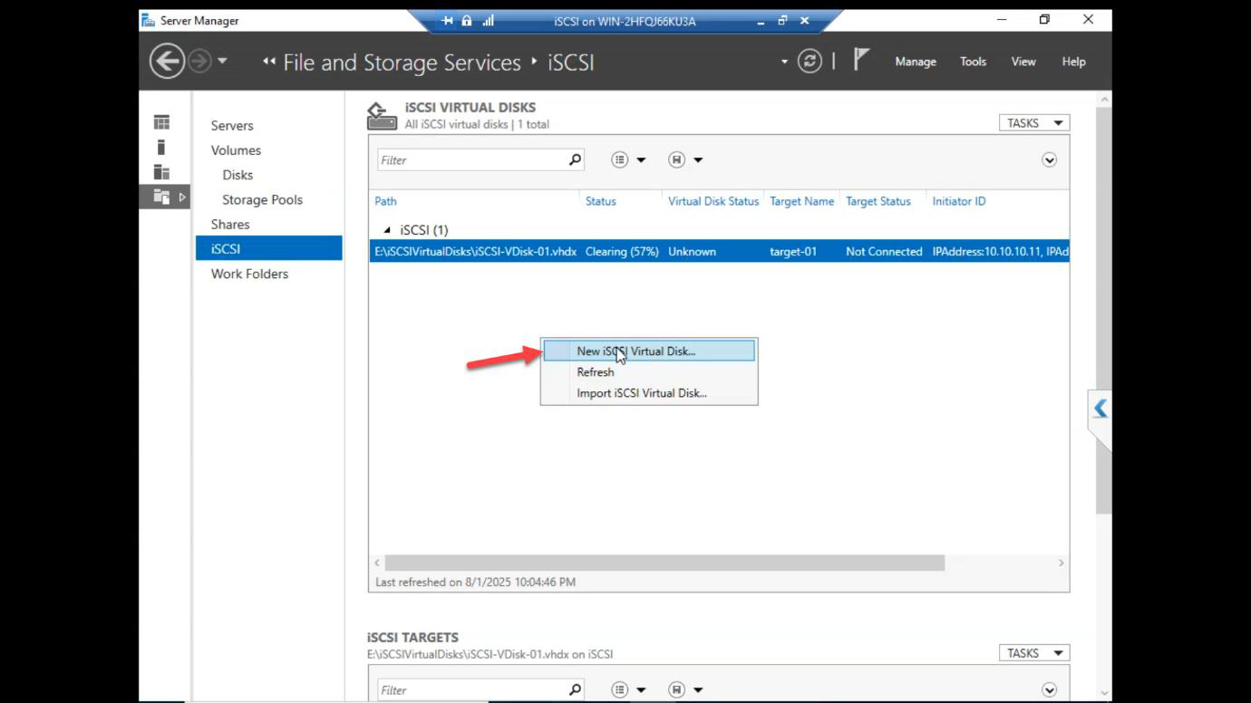 Right-click on the iSCSI section to start creating the second LUN (Quorum) while the first is still cleaning