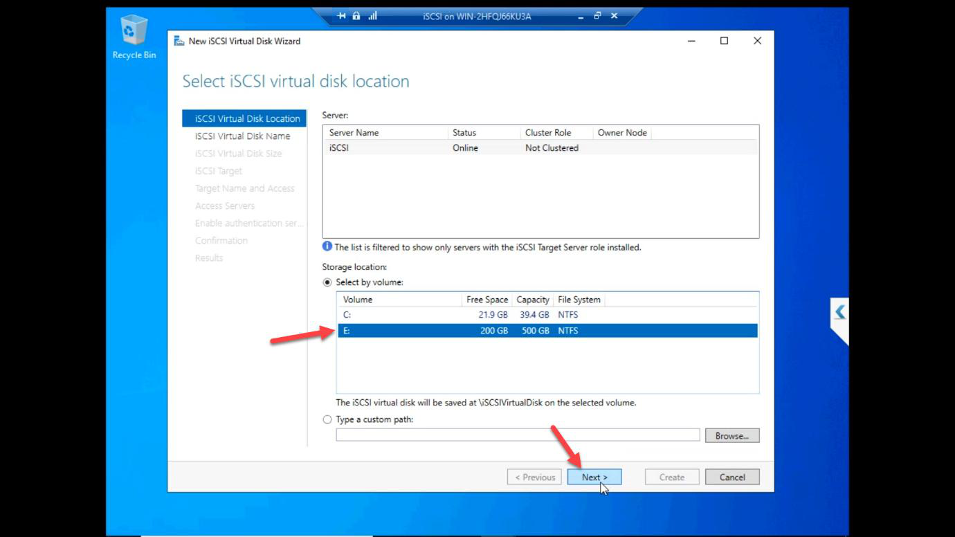 New iSCSI Virtual Disk Wizard for Quorum disk with E: drive selected as location