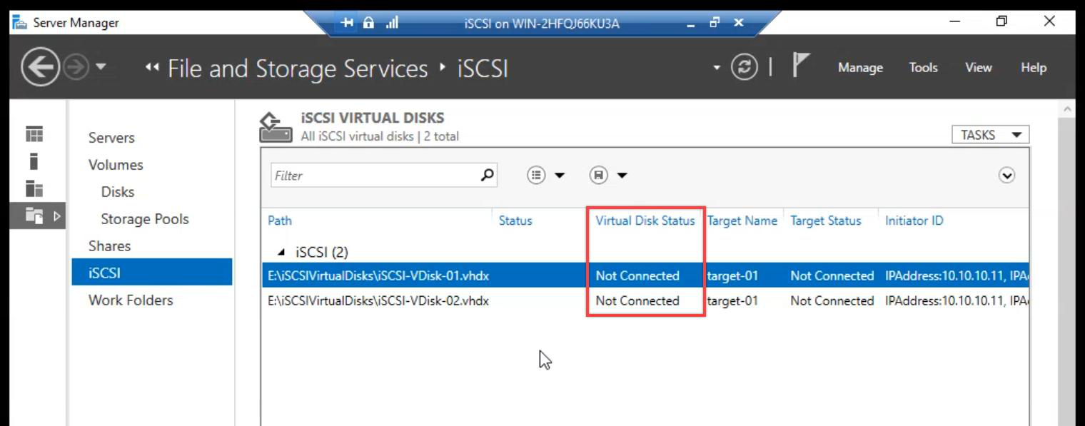iSCSI Virtual Disks pane showing both Data and Quorum disks now created with status Not Connected, ready for the cluster nodes to log in via initiator in Part 8