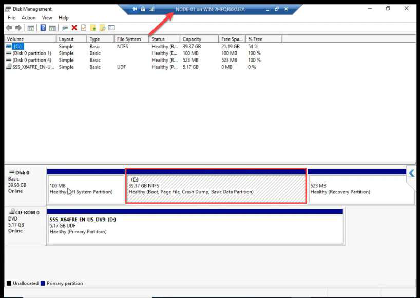 NODE-01 Disk Management showing only the OS disk before iSCSI connection