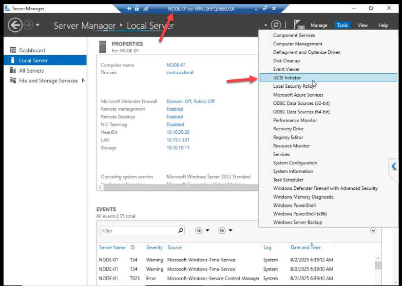 NODE-01 Server Manager Tools menu with iSCSI Initiator selected