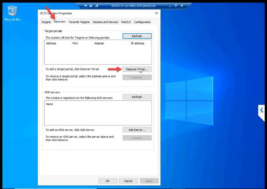 iSCSI Initiator Discovery tab with Discover Portal button