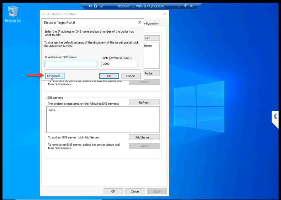 Discover Target Portal dialog with Advanced button